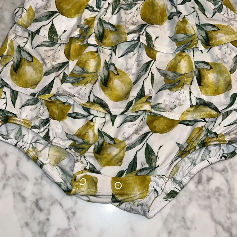 Posh Peanut Yellow Lemon Print Ruffle Romper